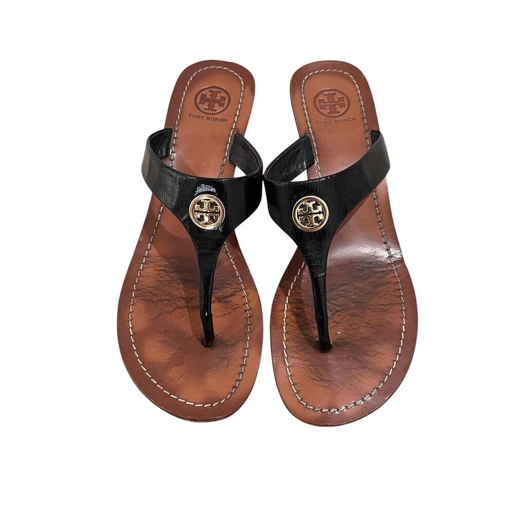 Tory Burch Black Leather Thong Sandals with Brown Footbed